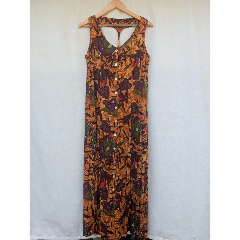 California Krush Vintage Rayon Challis Tropical Floral T-Back Maxi Dress L 6439